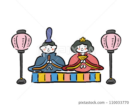 Doll's Festival Hina Dolls Hand-drawn illustration set of the Imperial Palace, Hina dolls, and lanterns 110033770