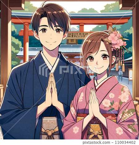 Couple going to visit the shrine on New Year’s Day (AI generated) 110034402