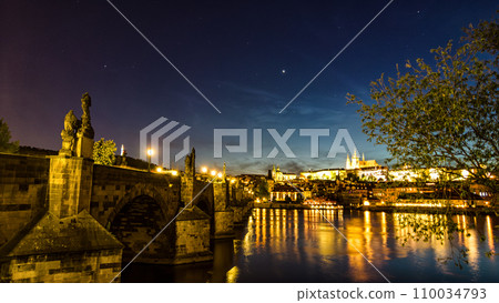 Charles bridge Prague Vltava river at night 110034793