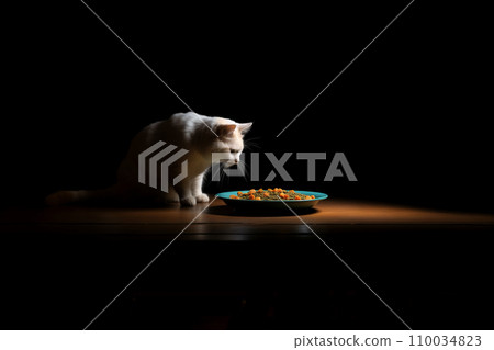 AI-generated content. white cat on the table looking at a plate full of vegetables in the beam of light 110034823