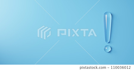 Three-dimensional exclamation mark on a light blue background. A glass-like transparent exclamation mark. 3D (horizontal) 110036012