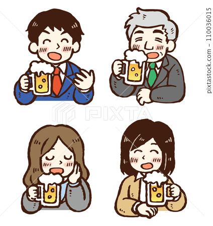 Four male and female office workers chatting while drinking beer 110036015