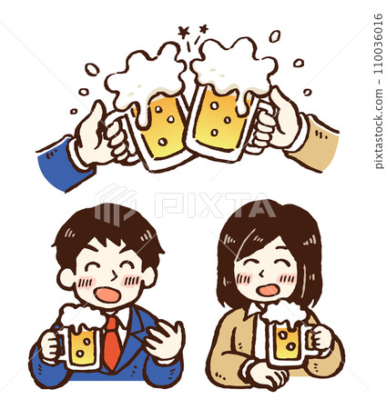 Two male and female office workers toasting with beer and chatting while drinking 110036016