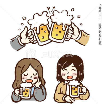 Two female office workers toasting with beer and chatting while drinking 110036017