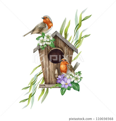 Couple of robin birds on a birdhouse with floral decor. Watercolor painted illustration. Springtime cozy decorative element. Two robins on a birdhouse with flowers. White background Couple of robin birds on a birdhouse with floral decor. Watercolor painted illustration. Springtime cozy decorative element. Two robins on a birdhouse with flowers. White background 110036568