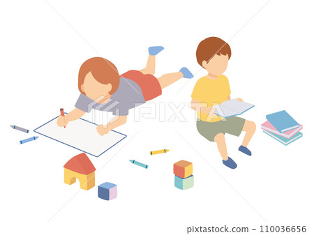 Isometric illustration of children spending time indoors 110036656