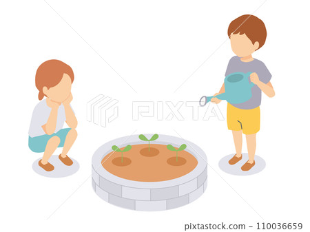 Isometric illustration of children taking care of plants 110036659