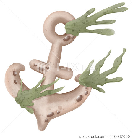 A watercolor painting of a ship's anchor with algae growing on the bottom of the sea. 110037000