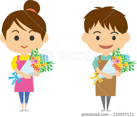 Image illustration of a florist holding a bouquet (men and women set) 110037113