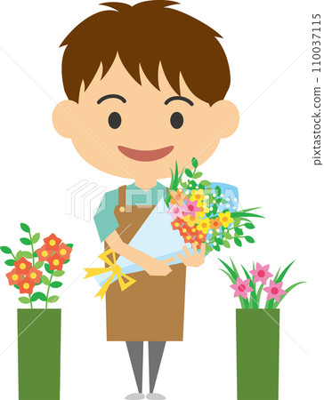 拿著一束花的男性花店店員的圖像插圖 110037115
