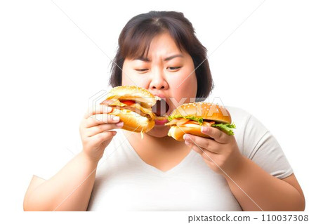 A chubby woman who can't resist her appetite and eats a hamburger - AI generated 110037308