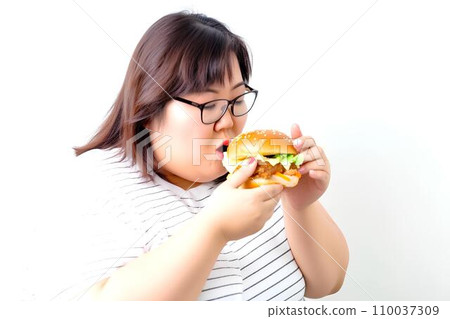 A chubby woman who can't resist her appetite and eats a hamburger - AI generated 110037309