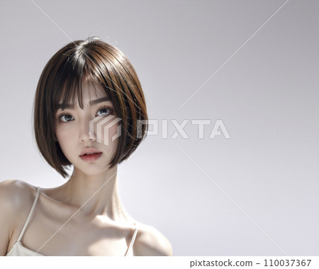 Portrait of a Japanese woman with short bob black hair (AI generated image) 110037367