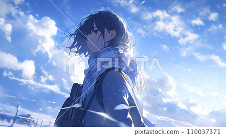 看著雪花天空的女高中生（AI 生成圖像） 110037371