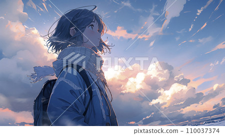 High school girl looking up at the snow-covered sky (AI generated image) High school girl looking up at the snow-covered sky (AI generated image) 110037374