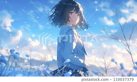 女高中生看著雪花閃爍的天空（AI 生成影像） 110037379