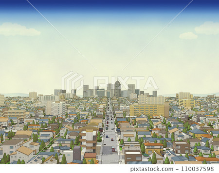 Residential area city ukiyo-e hand-drawn style illustration print style background Residential area city ukiyo-e hand-drawn style illustration print style background 110037598