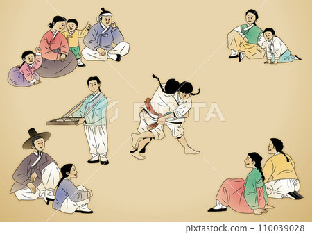 Korean Traditional Play_People in hanbok sit and watch ssireum players Korean Traditional Play_People in hanbok sit and watch ssireum players 110039028