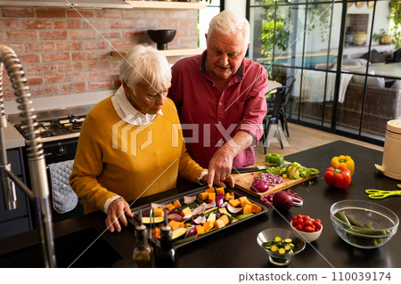 Happy caucasian senior couple preparing fresh vegetables in sunny kitchen, copy space Happy caucasian senior couple preparing fresh vegetables in sunny kitchen, copy space 110039174