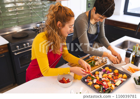 Happy biracial lesbian couple cooking, seasoning chopped vegetables in kitchen at home Happy biracial lesbian couple cooking, seasoning chopped vegetables in kitchen at home 110039781