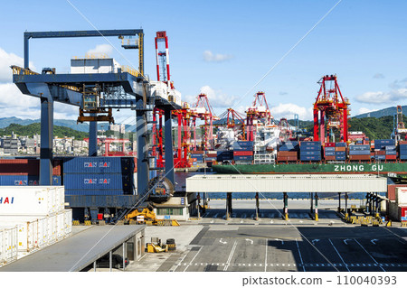 Panoramic view of the container yard and crane equipment at Port of Keelung, Taiwan. It's an international logistics company. 110040393