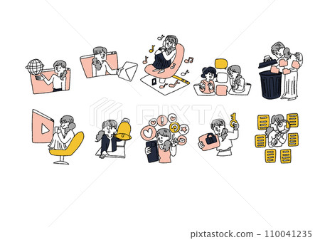 Illustration set of women using the internet Illustration set of women using the internet 110041235