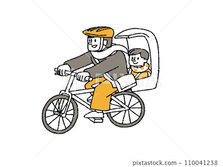 一個女人騎著腳踏車，後面背著一個孩子 110041238