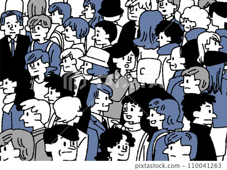 Hand-drawn illustration of a crowd of people in the city 110041263
