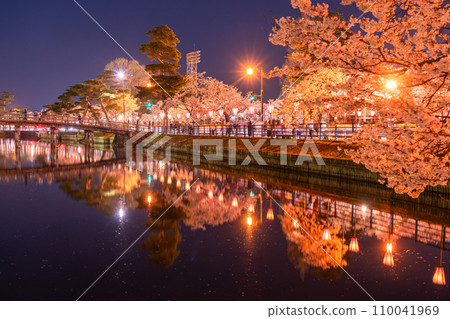 【新潟縣】櫻花盛開,春天的高田城跡公園夜景 【新潟縣】櫻花盛開,春天的高田城跡公園夜景 110041969