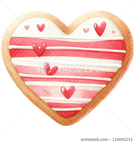 Heart shaped cookies decorated with red and white icing sugar for Valentine's Day 110042251