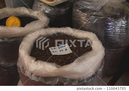 Bags of premium kampot black pepper sold in Samaki Market, a famous export product from Kampot Cambodia Bags of premium kampot black pepper sold in Samaki Market, a famous export product from Kampot Cambodia 110043785