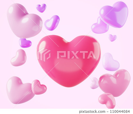 Abstract background with flying red, pink, purple hearts 3d render. Valentine day greeting card, romantic sale banner or poster template, wedding decoration, love backdrop, pattern. 3D illustration 110044084