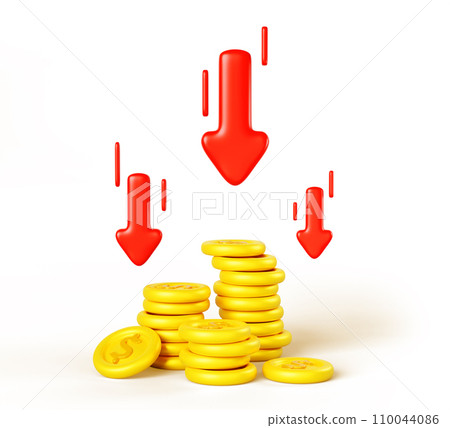 3d render red arrows chart going down and gold dollar coins stack on white background. Concept of economy recession crisis, inflation, business and financial loss with falling graph. 3D illustration 110044086