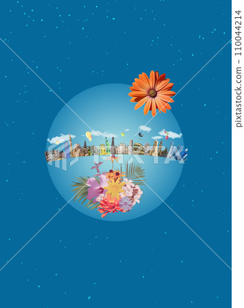 World religious and architecture monuments - collage or globe from different religions from Bali, Thailand, Cambodia at Asia and Florens, Spain in Europe. Travel and tourism with famous world 110044214