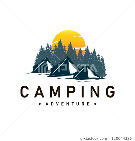 Camping logo wild forest design outdoor adventure illustration of trees and simple tent Camping logo wild forest design outdoor adventure illustration of trees and simple tent 110044326