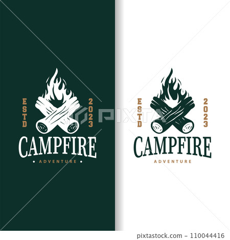 Design wood and fire, logo campfire bonfire vector camping adventure vintage illustration 110044416