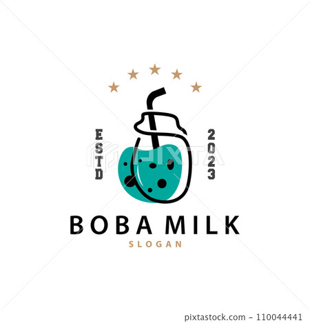 Boba Drink Logo, Milk Tea Cute Boba Pearl Jelly Drink Bubble Vector Simple Minimalist Design 110044441