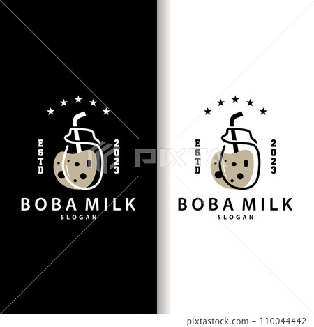 Boba Drink Logo, Milk Tea Cute Boba Pearl Jelly Drink Bubble Vector Simple Minimalist Design 110044442