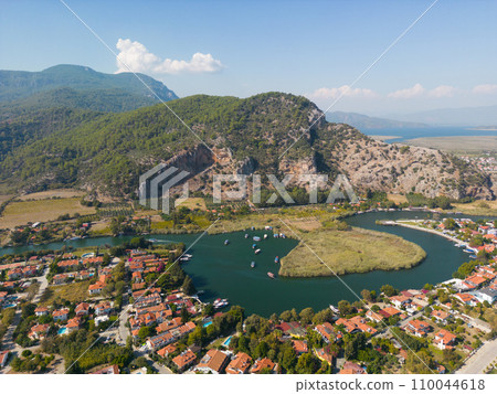 Dalyan River Drone Video, Aegean Sea Ortaca, Mugla Turkey. High quality photo Dalyan River Drone Video, Aegean Sea Ortaca, Mugla Turkey. High quality photo 110044618