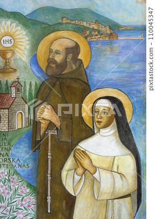 Blessed Grace of Muo and Blessed Osanna of Cattaro, a fresco in the Parish Church of the Sacred Heart of Jesus in Ivanovo Selo, Croatia 110045347