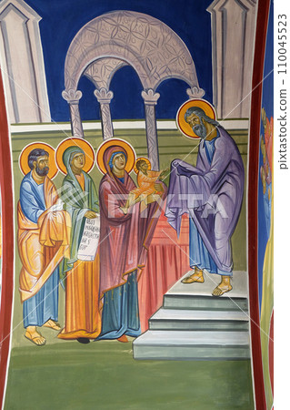 Presentation of Jesus at the Temple, fresco in the Church of Saint Paraskeva of the Balkans near Saint Naum Monastery, Ohrid in Macedonia 110045523