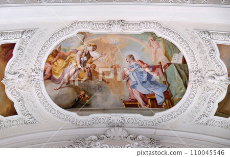 Annunciation to Mary, fresco by Cosmas Damian Asam in the Basilica of St. Martin and Oswald in Weingarten, Germany Annunciation to Mary, fresco by Cosmas Damian Asam in the Basilica of St. Martin and Oswald in Weingarten, Germany 110045546