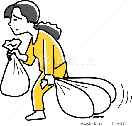 A woman dragging multiple garbage bags 110045911