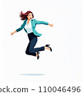 A young woman wearing a suit jumping energetically 110046496