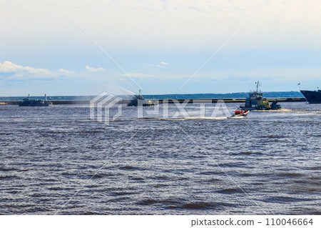Extinguishing a burning ship during naval exercises Extinguishing a burning ship during naval exercises 110046664