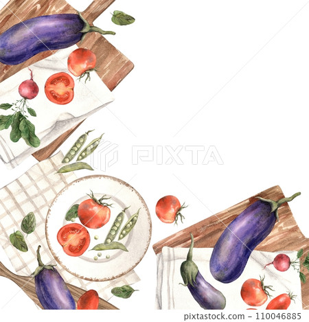 Composition of eggplants, tomatoes, peas, radishes on a brown kitchen wooden cutting board and textile towel with a ceramic plate. Hand drawn watercolor illustration. Use in restaurant menus, posters, Composition of eggplants, tomatoes, peas, radishes on a brown kitchen wooden cutting board and textile towel with a ceramic plate. Hand drawn watercolor illustration. Use in restaurant menus, posters, 110046885