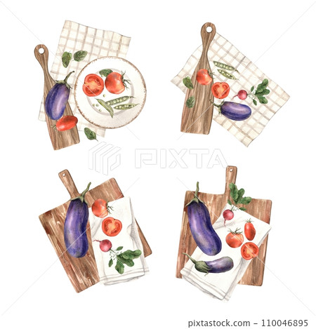 A set of compositions of eggplants, tomatoes, peas, radishes on a brown kitchen wooden cutting board and a textile towel with a ceramic plate. Hand drawn watercolor illustration. Use in restaurant 110046895