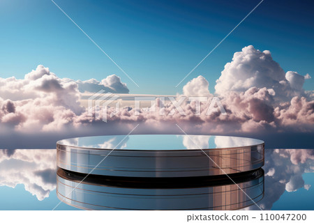 Cylindrical round glossy podium on the background of clouds in the sky for the demonstration of goods or cosmetics Cylindrical round glossy podium on the background of clouds in the sky for the demonstration of goods or cosmetics 110047200