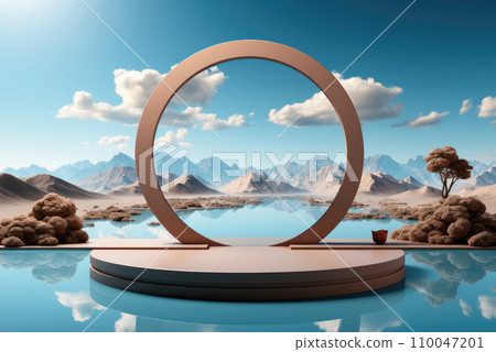 Beige round podium with a mountain lake background for the demonstration of goods or cosmetics Beige round podium with a mountain lake background for the demonstration of goods or cosmetics 110047201