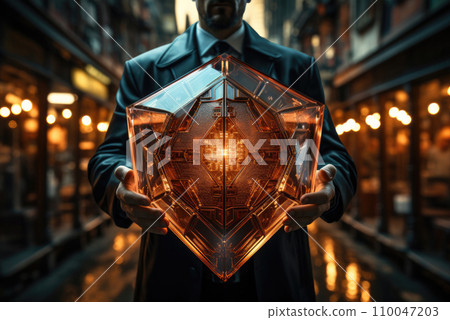 Man holding shield protection icon, security protection and health insurance Man holding shield protection icon, security protection and health insurance 110047203